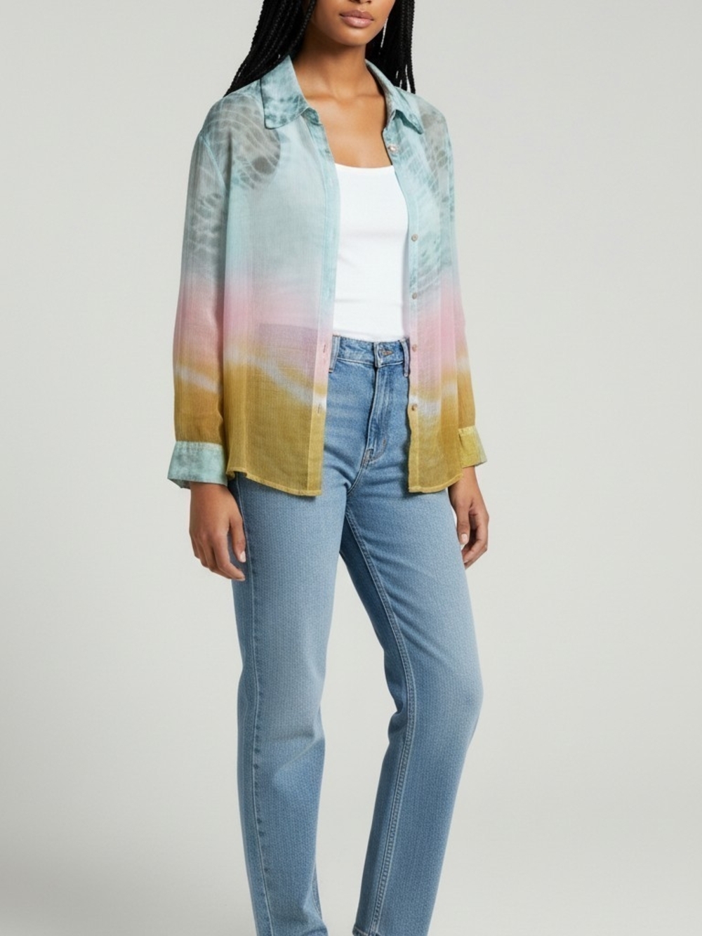 Angie Multicolor Ombre Button-Up Shirt - Blue Pink Gold 100% Rayon